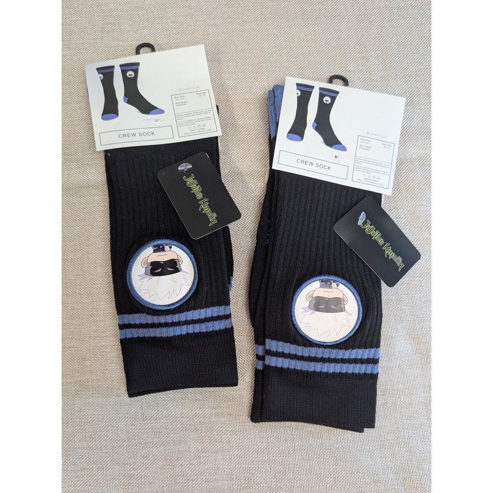 2 pairs Bioworld Jujutsu Kaisen Crew Socks Mens OSFM NWT Satoru Gojo Chibi Patch